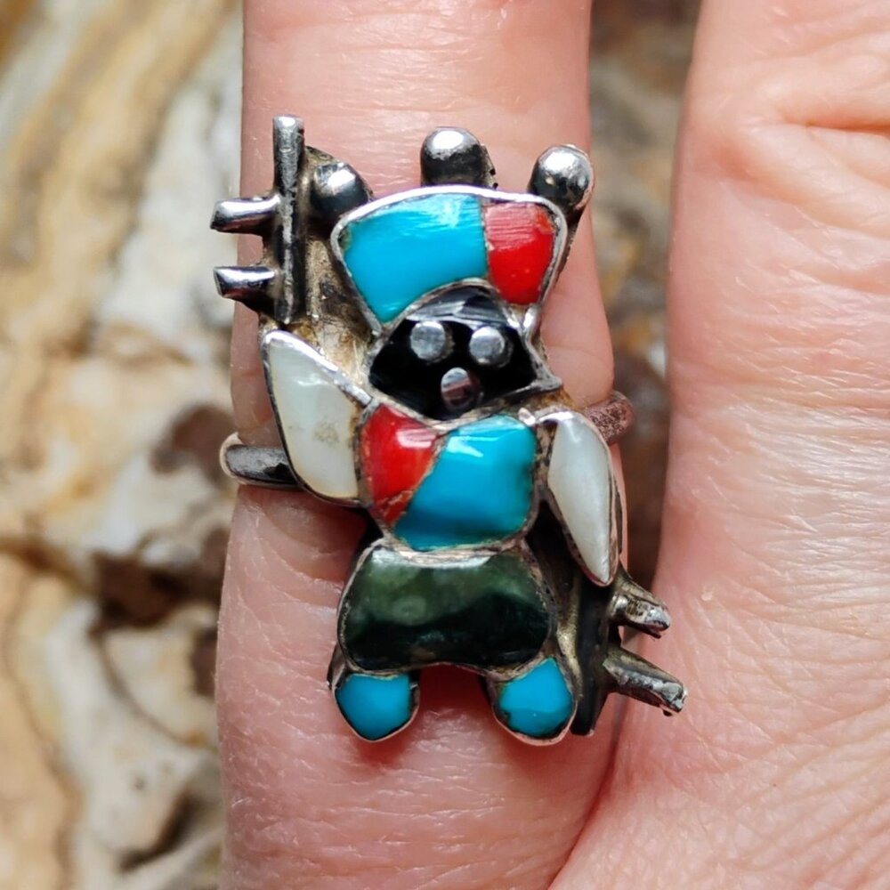 Vtg Native Apache Zuni Gaan Dancer Ring Sterling Silver Gemstone Inlay Size 5.5